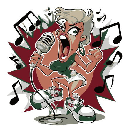 This energetic cartoon illustration features a bold female singer passionately performing with a microphone, surrounded by musical notes. Perfect for projects related to music, performance, or entertainment themes.のイラスト素材