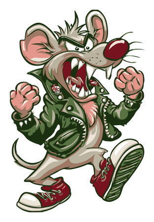 Dynamic illustration of an angry cartoon mouse wearing a leather jacket and stylish shoes. This fierce character embodies rebellion and attitude, perfect for fun projects.のイラスト素材