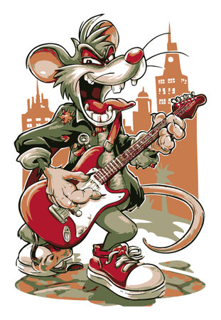 A lively cartoon rodent character rocking out on an electric guitar against an urban backdrop. This playful illustration captures vibrant energy and creativity.のイラスト素材