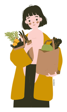 This illustration features a woman joyfully carrying bags of fresh groceries, showcasing a healthy lifestyle and appreciation for organic produce. Perfect for health and wellness themes.のイラスト素材