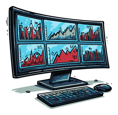 Vibrant vector artwork of a computer monitor showcasing various data charts and graphs, perfect for illustrating analytics, business reports, or presentations.のイラスト素材