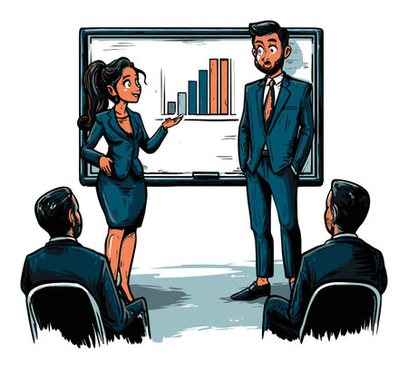 A vibrant vector illustration depicting a business presentation scene. A confident woman presents data to an engaged audience, showcasing teamwork and professionalism.のイラスト素材