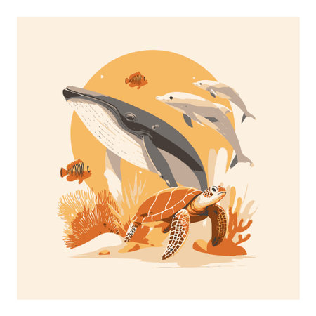 Explore an enchanting vector cartoon depicting marine life, featuring a whale, turtle, and playful fish, set against a serene ocean backdrop.のイラスト素材