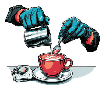 A vibrant illustration of hands in gloves skillfully pouring milk into a cup to create beautiful latte art. The scene captures a blend of skill and artistry in coffee preparation.のイラスト素材