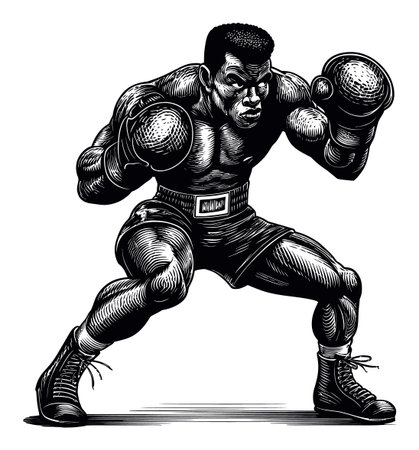 Dynamic hand-drawn vector illustration showcasing a male boxer in an action-packed pose. This artwork highlights strength, power, and athleticism, ideal for sports-themed projects.のイラスト素材
