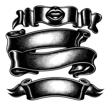 Explore this hand-drawn black and white banner set featuring unique designs and a lips motif. Perfect for retro design projects and artistic creations.のイラスト素材