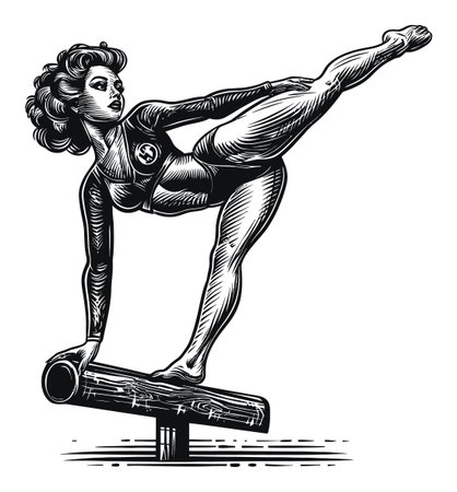 A stunning hand-drawn vector illustration depicting a female gymnast performing an intricate pose on a balance beam, showcasing artistry and athleticism.のイラスト素材
