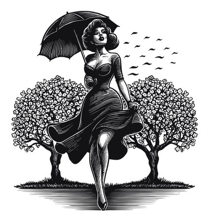 A stunning monochrome illustration showcasing a vintage woman walking with an umbrella through blossoming trees, evoking a sense of elegance and tranquility.のイラスト素材