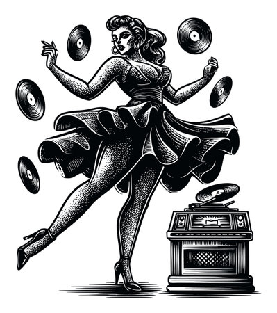 A striking vector illustration of a vintage pinup dancer surrounded by vinyl records, capturing the essence of retro music culture and playful elegance.のイラスト素材