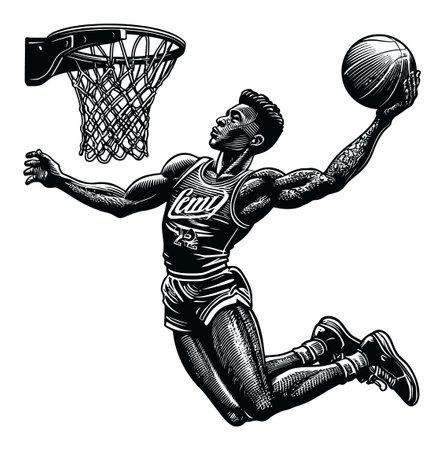 A striking hand-drawn vector illustration showcasing a basketball player performing an impressive dunk. The dynamic pose captures the essence of athleticism and urban sports culture.のイラスト素材