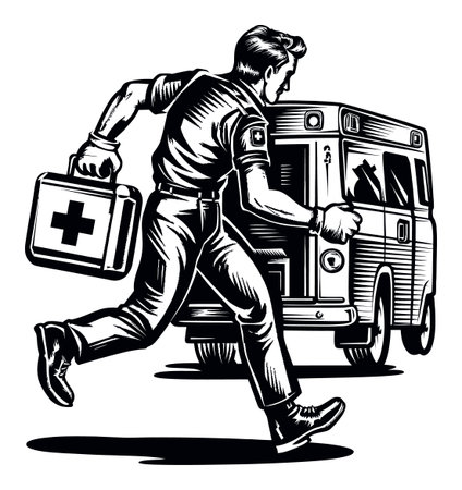 Dynamic illustration of a first responder rushing with a medical kit towards an ambulance, showcasing urgency and dedication in emergency healthcare scenarios.のイラスト素材