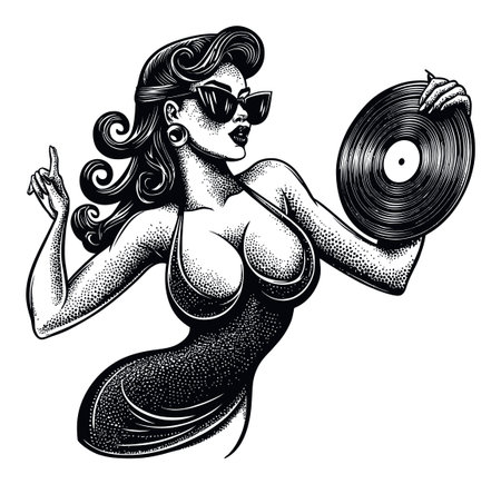 A stunning vintage-style illustration of a woman holding a vinyl record, exuding retro music vibes with an elegant pose and captivating fashion. Perfect for music-related themes.のイラスト素材