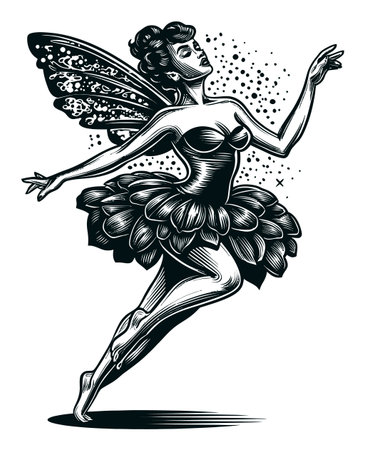 Stunning vintage illustration of an elegant fairy dancing gracefully, featuring detailed wings and a beautiful dress, perfect for fantasy art enthusiasts and creative projects.のイラスト素材