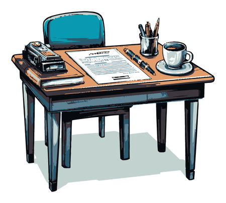 An artistic illustration of a desk setup featuring a chair, coffee cup, and stationery. Perfect for office or home workspace inspiration and design concepts.のイラスト素材