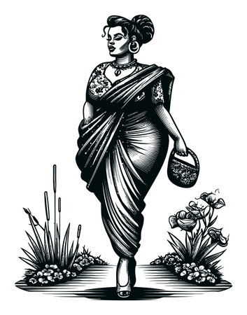 This captivating illustration features an elegant woman in a traditional dress, embodying grace and beauty amidst a floral backdrop. Perfect for cultural art collections.のイラスト素材