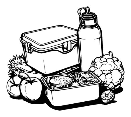 This hand drawn illustration showcases a healthy meal prep scene with containers, a water bottle, and fresh produce. Perfect for promoting nutrition and healthy living.のイラスト素材