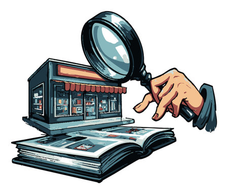 This vibrant illustration features a hand holding a magnifying glass over a bookstore, symbolizing exploration and curiosity in reading and knowledge. Perfect for themes of literature and investigation.のイラスト素材