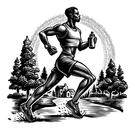 This vector image showcases a muscular male runner holding a water bottle, emphasizing fitness and outdoor activity in a beautiful nature setting.のイラスト素材