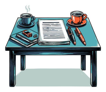 A vibrant vector illustration of a coffee table showcasing cups, documents, and pens, creating a perfect workspace atmosphere for productivity and creativity.のイラスト素材