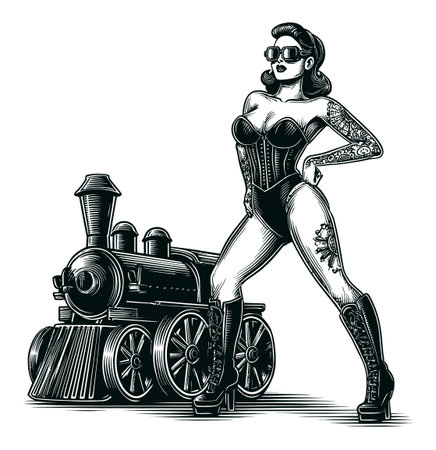 A captivating hand-drawn illustration featuring a confident woman posing beside a vintage steam engine train. This artwork blends retro fashion with classic transport, making it ideal for various creative projects.のイラスト素材
