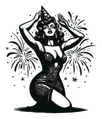 A stunning vintage illustration of a glamorous woman celebrating with fireworks, wearing a festive party hat and a dazzling dress. Perfect for festive decor and party themes.のイラスト素材