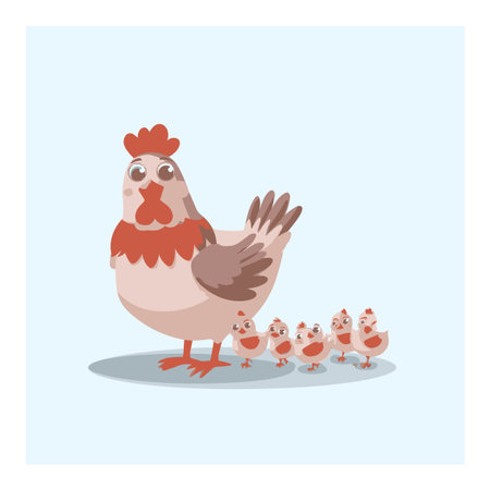 This delightful vector illustration features a charming cartoon chicken leading her adorable chicks. Perfect for children's projects, farm themes, and playful designs.のイラスト素材