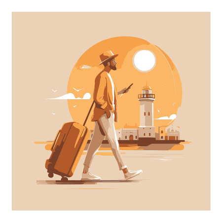 A stylish traveler with a suitcase walks past a lighthouse during sunset, showcasing a vibrant orange landscape. Ideal for tourism and adventure themes.のイラスト素材