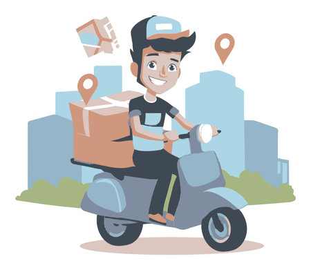 A cheerful delivery person on a scooter carrying packages moves through a stylized urban environment, ideal for conveying fast service and logistics concepts.のイラスト素材