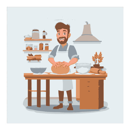 Cheerful cartoon illustration of a happy baker preparing dough in a cozy kitchen. The scene features bright colors and a warm atmosphere with kitchen items.のイラスト素材