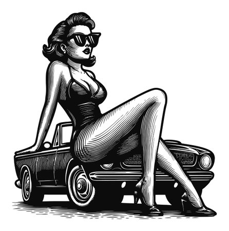 Discover a captivating vintage vector art of a stylish woman in sunglasses, posing elegantly on a classic car, showcasing timeless beauty and glamor.のイラスト素材
