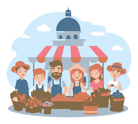 Vibrant cartoon illustration featuring a lively market scene with friendly vendors showcasing fresh produce, flowers, and engaging customers in a charming outdoor setting.のイラスト素材
