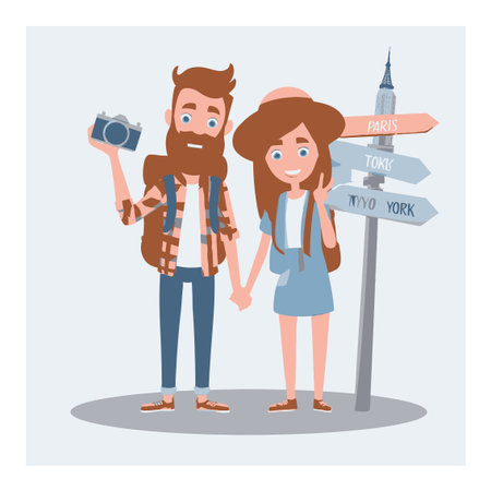 A cheerful cartoon couple holds hands beside a direction signpost indicating travel to Paris, Tokyo, and New York, capturing a joyful sense of adventure.のイラスト素材
