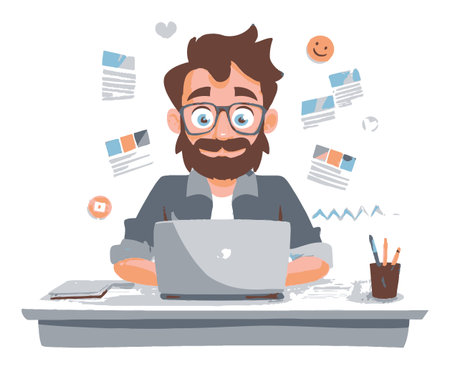 Happy cartoon character sits at desk using laptop surrounded by creative notes and elements. Perfect for illustrating work and technology themes.のイラスト素材