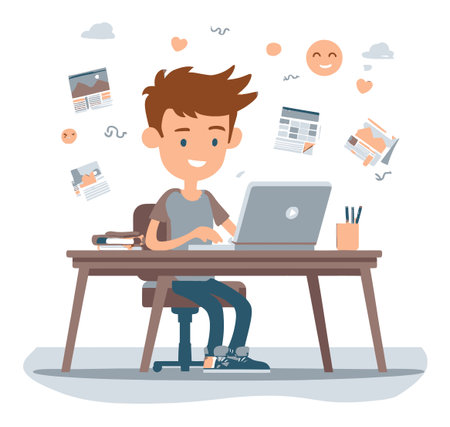 A cheerful cartoon illustration of a young boy working at a desk with a laptop, surrounded by playful graphics symbolizing creativity and productivity.のイラスト素材