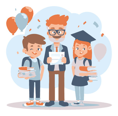 Vibrant cartoon illustration featuring a cheerful teacher celebrating with two graduates. The scene includes balloons, books, and a certificate, highlighting achievement and joy.のイラスト素材