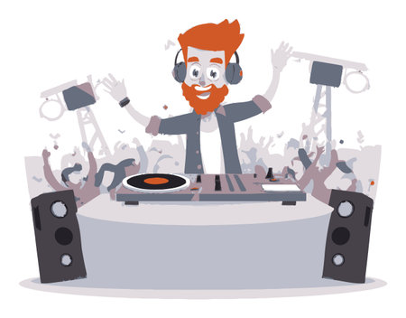 A vibrant cartoon image of an excited DJ mixing music at a lively party scene, surrounded by a cheering crowd and powerful speakers, capturing the joyful atmosphere of celebration.のイラスト素材