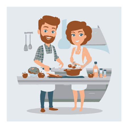 This vibrant cartoon illustration captures a happy couple cooking together in a modern kitchen, showcasing teamwork and love in meal preparation.のイラスト素材