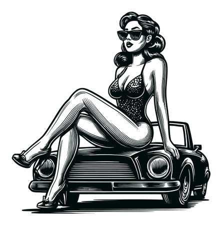 This vintage-style illustration features a stylish woman in sunglasses seated on a classic car. The bold line work and retro aesthetic evoke a sense of glamour and confidence.のイラスト素材