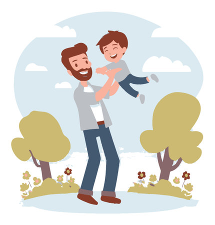 A cheerful cartoon illustration of a father lifting his joyous son in an outdoor setting. The scene captures happiness, love, and carefree moments in family life.のイラスト素材