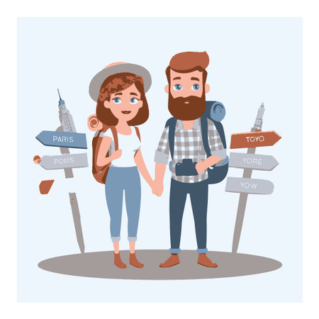 Charming cartoon illustration of a couple holding hands amidst travel signs, symbolizing adventure and exploration. Perfect for travel-themed projects.のイラスト素材