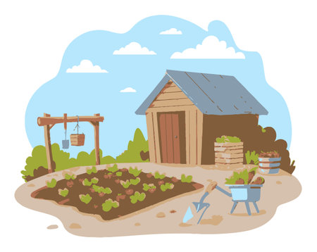 A charming cartoon garden scene depicting a wooden shed, a wheelbarrow, and a lush vegetable patch under a blue sky with fluffy clouds. Perfect for nature lovers.のイラスト素材