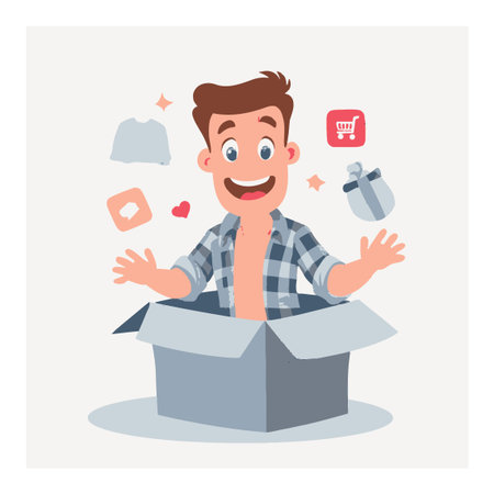 Cartoon character joyfully emerging from a box, surrounded by shopping icons and gifts, capturing excitement and surprise in a fun and modern style.のイラスト素材