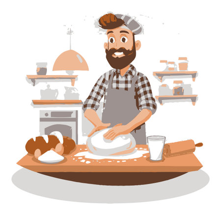 A cheerful baker kneads dough in a cozy kitchen, surrounded by ingredients and fresh bread. The warm, cartoon style captures the joy of baking.のイラスト素材