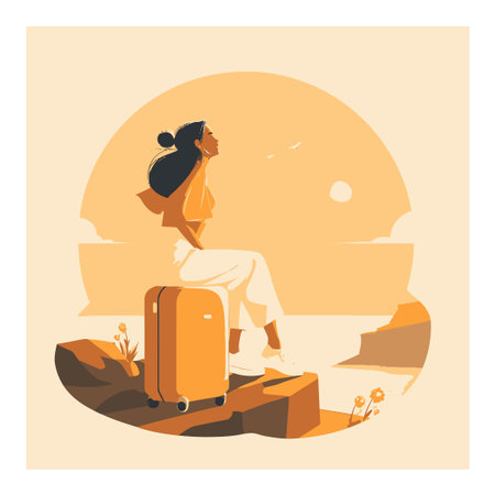 A serene illustration of a woman sitting by a suitcase, gazing at a sunset. This vector art captures the essence of travel and relaxation in a minimalist, cartoon style.のイラスト素材