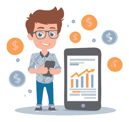 Adorable cartoon character stands confidently with a smartphone, surrounded by financial graphics and currency symbols, representing growth and success in business.のイラスト素材