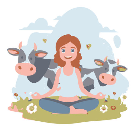 A cheerful woman sits cross-legged in a tranquil outdoor setting, surrounded by friendly cows and blooming flowers, embodying peace and wellness in this delightful cartoon illustration.のイラスト素材