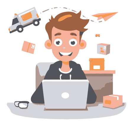 An engaging cartoon illustration showcasing a young man happily working on a laptop amidst delivery boxes and a paper plane. Ideal for ecommerce and logistics themes.のイラスト素材