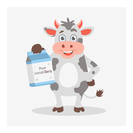 A cheerful cartoon cow stands proudly, holding a fresh milk carton labeled "Pure Local Dairy." Perfect for conveying a sense of fun and nutrition in diverse projects.のイラスト素材