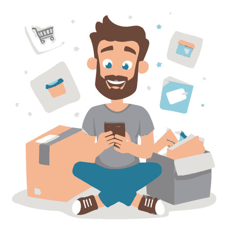 Cheerful man sitting on the floor, using smartphone while surrounded by delivery boxes. A modern illustration capturing the joy of online shopping and convenience.のイラスト素材