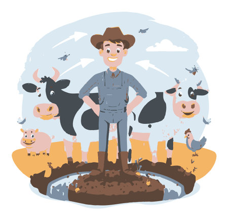 Cheerful cartoon illustration of a happy farmer standing proudly with cows and a pig, showcasing a lively rural farming scene filled with joy and nature.のイラスト素材